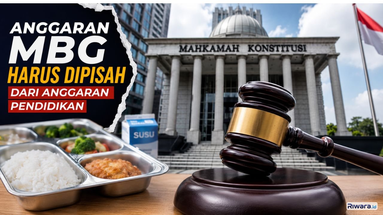 Ilustrasi gedung Mahkamah Konstitusi MK palu sidang dan Program Makan Bergizi Gratis MBG Melalui Putusan Nomor 40PUU-XXIV2026 MK memutuskan anggaran Program MBG harus dipisahkan dari anggaran pendidikan paling lambat pada APBN Tahun Anggaran 2028